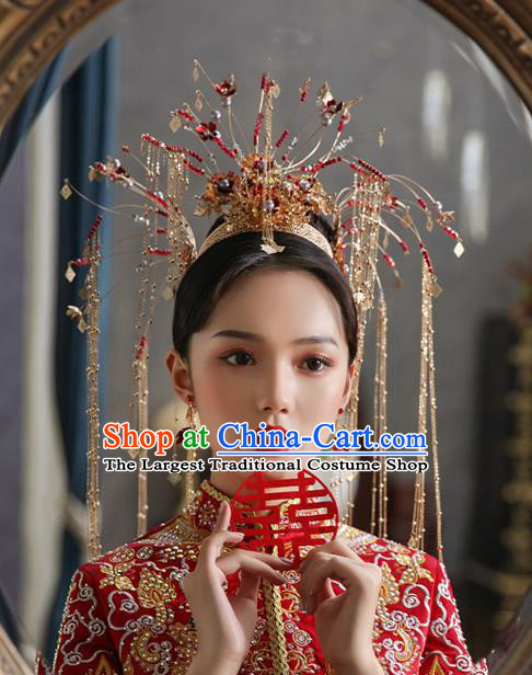 China Traditional Xiuhe Suit Hair Accessories Handmade Bride Headwear Wedding Deluxe Tassel Phoenix Coronet