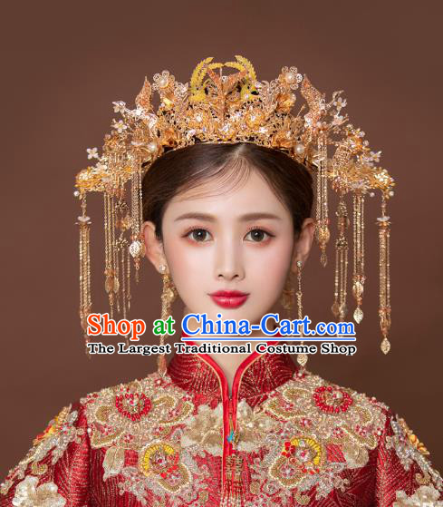 China Bride Golden Phoenix Coronet and Tassel Hairpins Traditional Wedding Hair Accessories Full Set