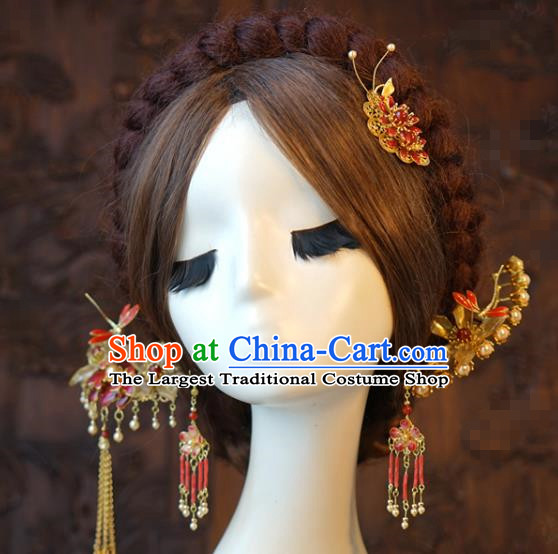 China Traditional Wedding Hair Sticks and Tassel Hairpins Earrings Ancient Bride Hair Accessories Full Set