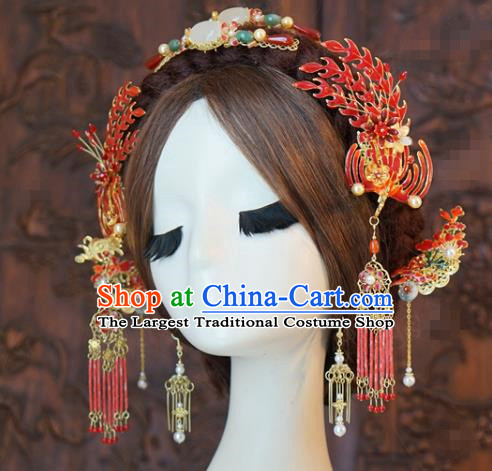 China Ancient Bride Jade Hair Comb Phoenix Hairpins Traditional Wedding Hair Accessories Full Set