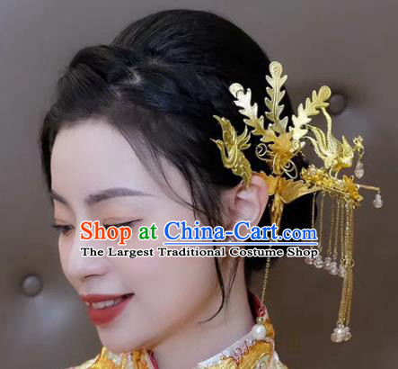 China Traditional Golden Phoenix Hair Crown Wedding Xiuhe Suit Hair Accessories Bride Hairpin Tassel Step Shake