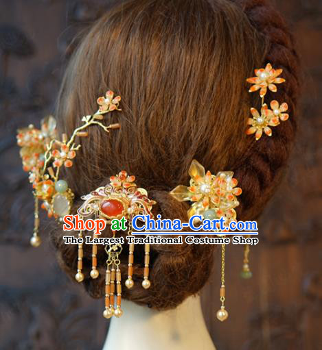 China Traditional Wedding Hair Accessories Ancient Bride Tassel Hair Combs Hairpins and Earrings Full Set