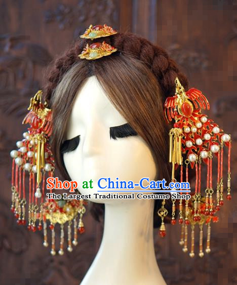 China Traditional Wedding Red Phoenix Hair Accessories Ancient Bride Tassel Hairpins and Earrings Hair Sticks Full Set