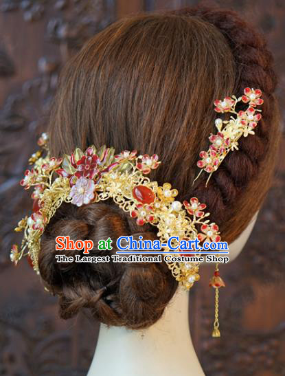 China Ancient Bride Agate Back Hair Comb Traditional Wedding Hair Accessories Hair Sticks Hairpins Full Set