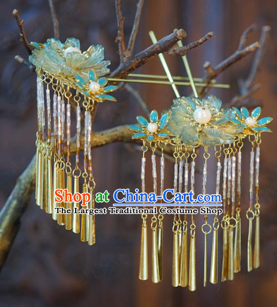 China Traditional Bride Tassel Hairpin Xiuhe Suit Hair Accessories Wedding Blue Flowers Hair Sticks