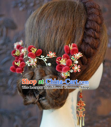 China Ancient Queen Red Velvet Plum Hairpins Traditional Qing Dynasty Bride Wedding Hair Accessories Hair Sticks Complete Set