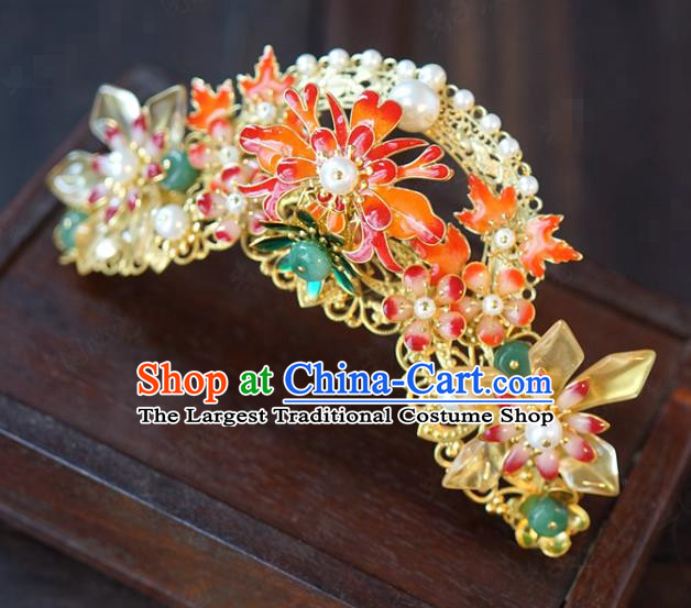 China Traditional Bride Enamel Flower Hair Crown Xiuhe Suit Hair Accessories Wedding Hair Comb