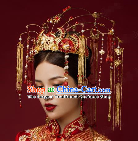 China Traditional Red Tassel Phoenix Coronet Wedding Hairpins Earrings Ancient Bride Hair Accessories