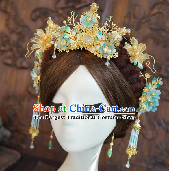 China Traditional Green Flowers Hair Crown and Tassel Hairpins Ancient Wedding Bride Hair Accessories