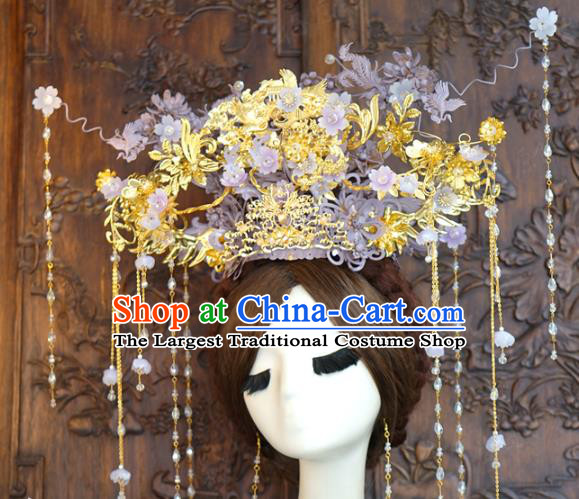 China Traditional Lilac Flowers Phoenix Coronet Ancient Wedding Bride Hair Accessories Deluxe Tassel Hair Crown