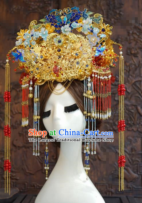 China Deluxe Tassel Golden Hair Crown Traditional Blueing Phoenix Coronet Ancient Wedding Bride Hair Accessories