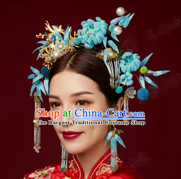 China Ancient Bride Blue Velvet Chrysanthemum Hair Crown and Tassel Hairpins Traditional Wedding Hair Accessories