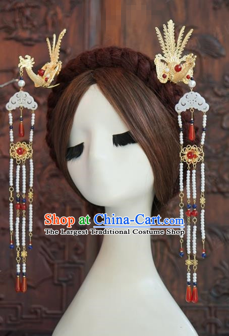 China Traditional Xiuhe Suit Hair Accessories Palace Jade Hairpin Wedding Golden Phoenix Step Shake