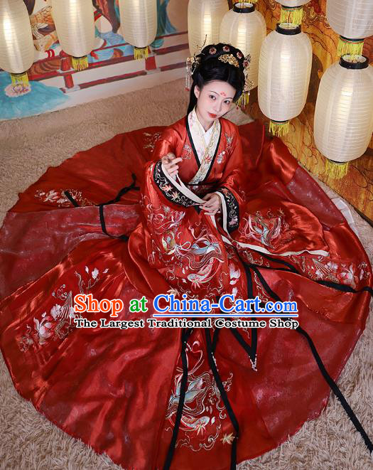 China Ancient Court Beauty Embroidered Red Dress Apparels Spring and Autumn Period Imperial Consort Xi Shi Hanfu Clothing