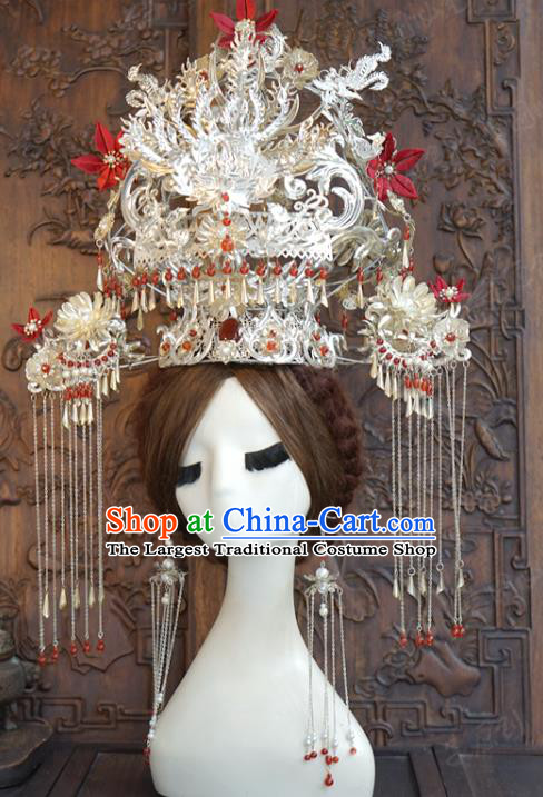 China Traditional Wedding Hanfu Luxury Hair Accessories Ancient Bride Argent Phoenix Coronet Full Set