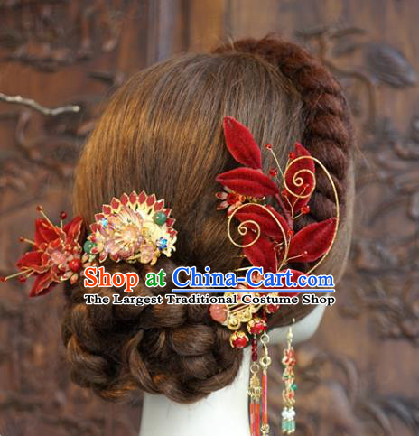 China Traditional Wedding Luxury Hair Accessories Ancient Bride Xiuhe Suit Red Velvet Flowers Hair Sticks Full Set