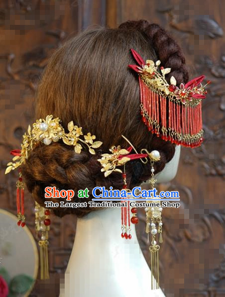 China Traditional Red Beads Tassel Hair Accessories Wedding Xiuhe Suit Headpieces Ancient Bride Hair Crown and Hairpins