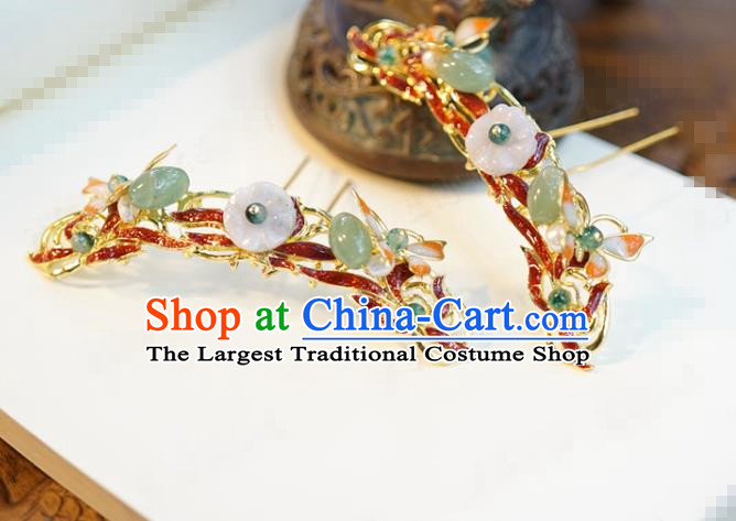 China Ancient Jade Lotus Leaf Hairpin Traditional Xiuhe Suit Hair Jewelry Accessories Court Princess Cloisonne Hair Stick