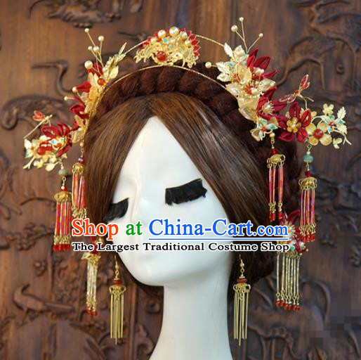 China Ancient Bride Red Hair Crown and Earrings Xiuhe Suit Headpieces Traditional Wedding Hair Accessories Full Set