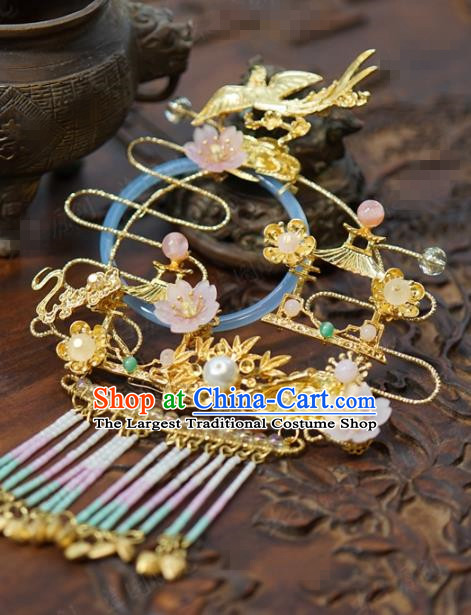 China Ancient Palace Golden Hair Crown Traditional Xiuhe Suit Hair Jewelry Accessories Court Tassel Hairpin