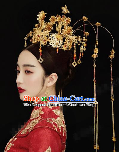 China Ancient Bride Xiuhe Suit Headpieces Traditional Wedding Hair Accessories Golden Phoenix Coronet Full Set