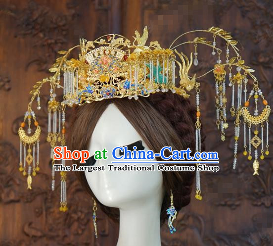 China Ancient Golden Phoenix Coronet Xiuhe Suit Headpieces Traditional Wedding Bride Hair Accessories Full Set