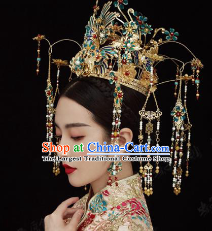 China Ancient Queen Blueing Phoenix Coronet Traditional Wedding Bride Hair Accessories Xiuhe Suit Headpieces Full Set