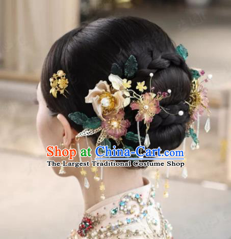 China Ancient Bride Flowers Hair Comb Wedding Hair Accessories Traditional Xiuhe Suit Tassel Hairpins Hair Sticks Full Set