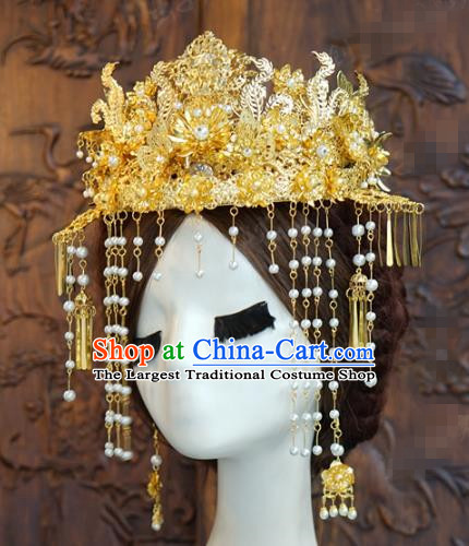 China Ancient Queen Golden Phoenix Coronet Traditional Wedding Bride Hair Accessories Xiuhe Suit Hair Crown