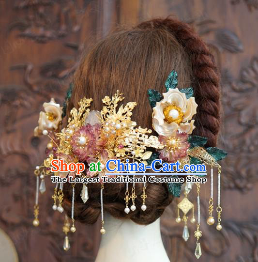 China Ancient Bride Wedding Hair Accessories Traditional Xiuhe Suit Tassel Hairpins Hair Sticks Flowers Hair Comb Full Set