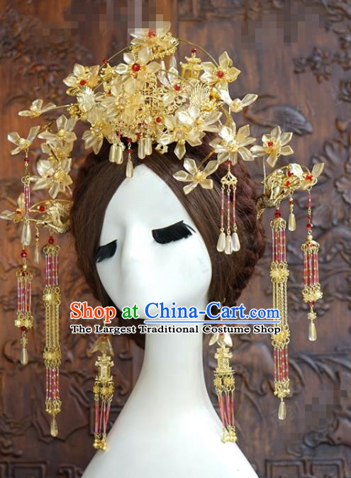 China Ancient Queen Golden Phoenix Coronet and Tassel Hairpins Traditional Wedding Bride Hair Accessories Xiuhe Suit Headdress