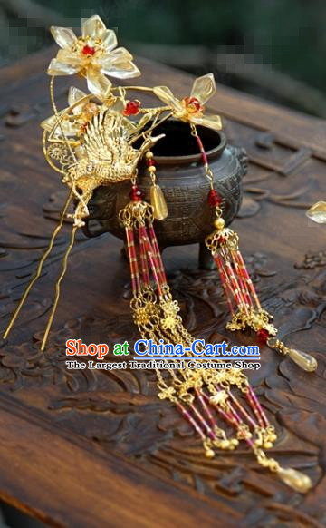 China Ancient Palace Tassel Hair Stick Traditional Xiuhe Suit Hair Jewelry Accessories Court Golden Crane Hairpins