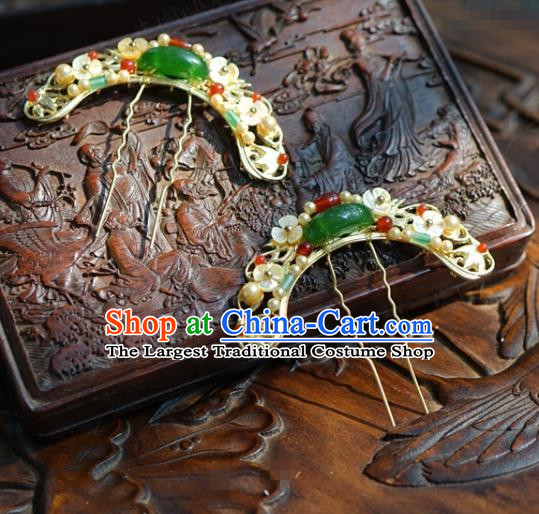 China Ancient Palace Jade Pearls Hair Sticks Traditional Xiuhe Suit Hair Jewelry Accessories Qing Dynasty Court Gems Hairpins