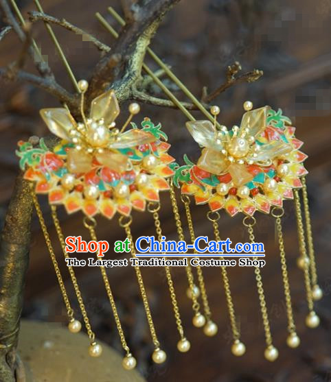 China Hanfu Pearls Tassel Hair Sticks Ancient Traditional Xiuhe Suit Hair Jewelry Accessories Wedding Cloisonne Hairpins