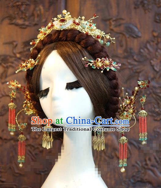 China Traditional Hair Accessories Ancient Bride Jade Hair Crown and Hairpins Wedding Xiuhe Suit Headdress