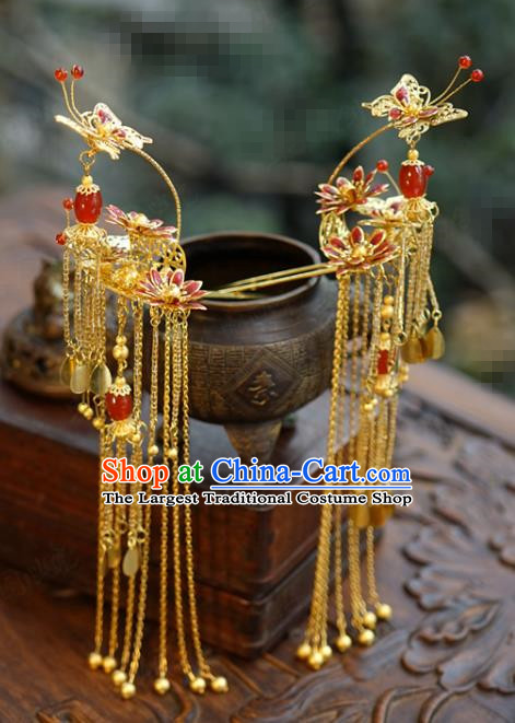 China Ancient Palace Hairpin Traditional Xiuhe Suit Hair Jewelry Accessories Golden Butterfly Hair Stick Tassel Step Shake