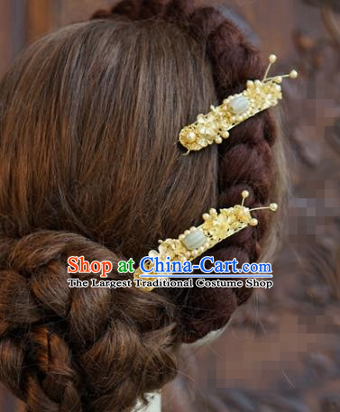 China Ancient Palace Pearls Jade Hairpins Traditional Xiuhe Suit Hair Jewelry Accessories Golden Hair Sticks