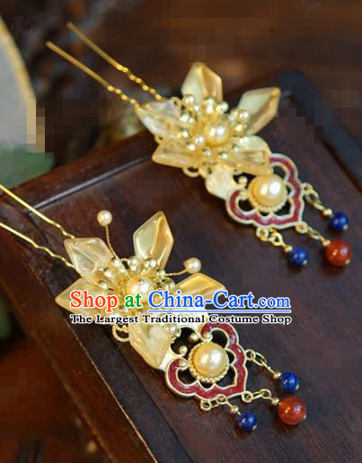 China Ancient Court Flower Hair Stick Traditional Xiuhe Suit Hair Jewelry Accessories Palace Cloisonne Tassel Hairpin