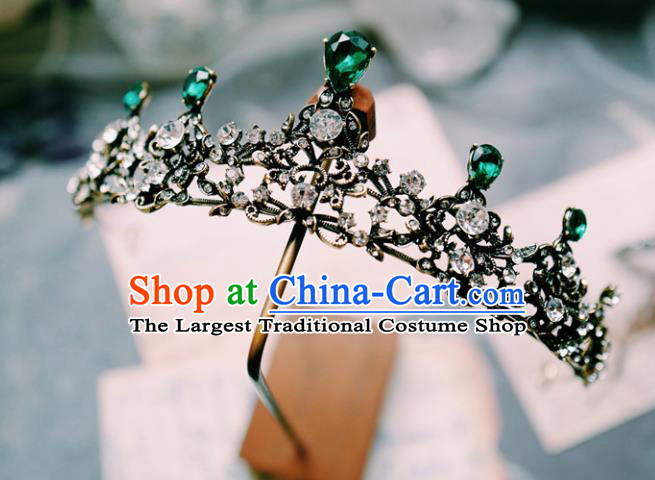 Handmade Baroque Bride Black Royal Crown Wedding Hair Accessories European Green Crystal Hair Clasp