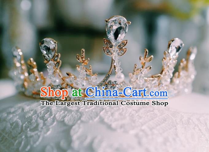 Handmade Baroque Style Beads Golden Royal Crown European Court Princess Headwear Wedding Crystal Hair Clasp