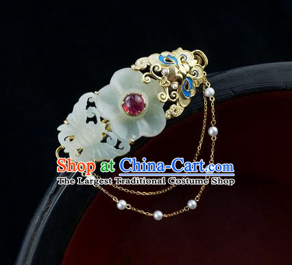 China Classical Cheongsam Jade Carving Butterfly Plum Brooch Traditional Handmade Golden Tassel Breastpin