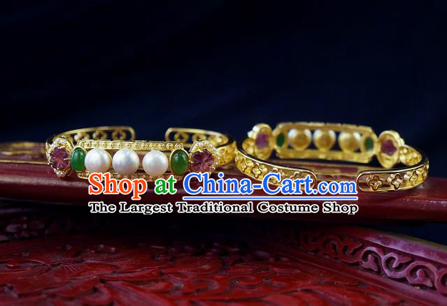 Chinese Traditional Gems Bangle Accessories Ancient Qing Dynasty Court Pearls Jade Bracelet Jewelry