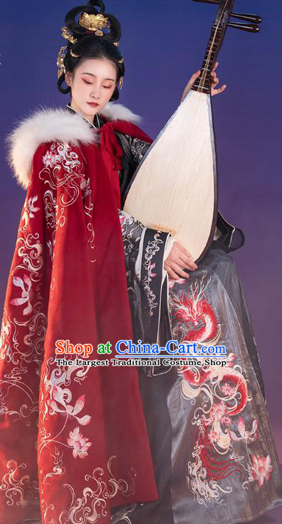 China Ancient Princess Embroidered Red Cloak Costume Traditional Jin Dynasty Court Beauty Clothing