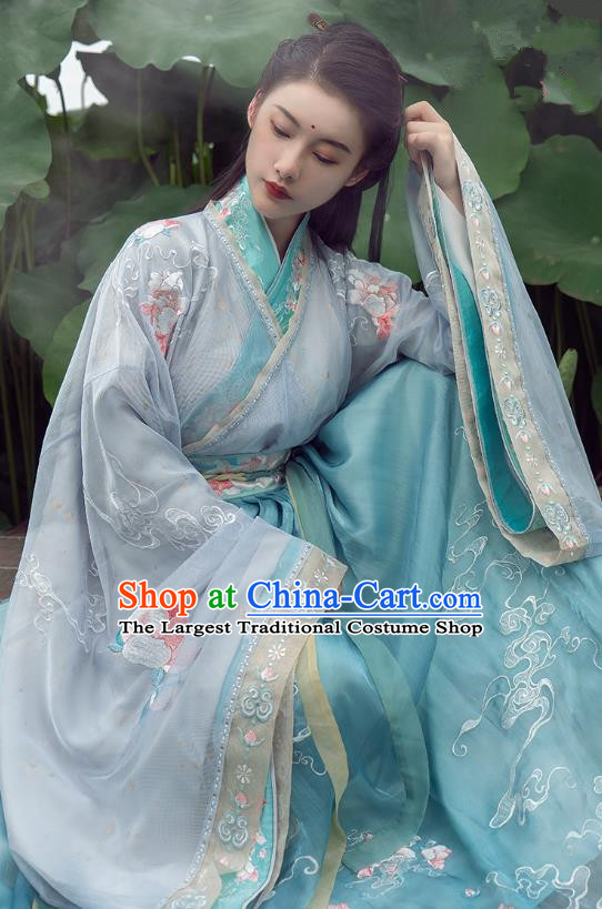 China Ancient Female Swordsman Costume Traditional Jin Dynasty Young Woman Embroidered Clothing Blue Hanfu Dress Outfits