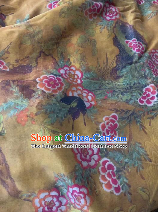 Chinese Classical Peony Butterfly Pattern Design Yellow Gambiered Guangdong Gauze Fabric Asian Traditional Cheongsam Silk Material