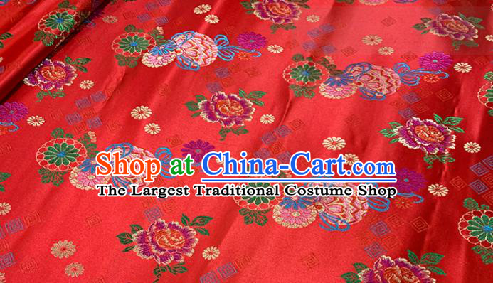 Chinese Classical Peony Daisy Pattern Design Red Brocade Fabric Asian Traditional Satin Tang Suit Silk Material