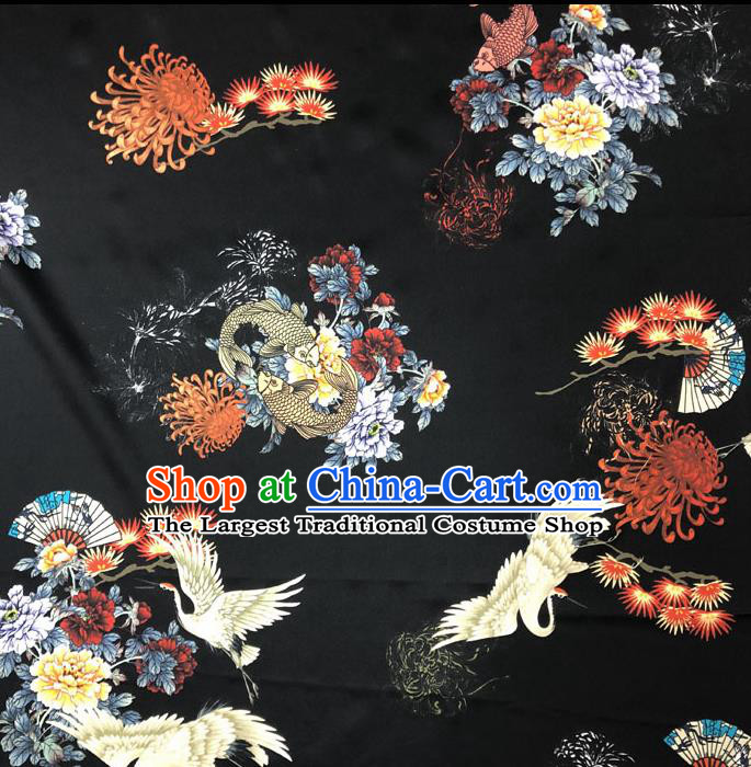 Chinese Classical Crane Peony Pattern Design Black Gambiered Guangdong Gauze Fabric Asian Traditional Cheongsam Silk Material