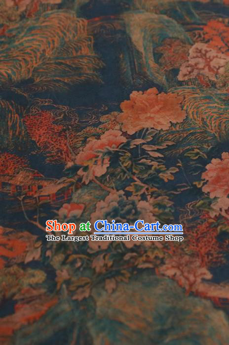 Chinese Classical Landscape Pattern Design Blue Gambiered Guangdong Gauze Fabric Asian Traditional Cheongsam Silk Material