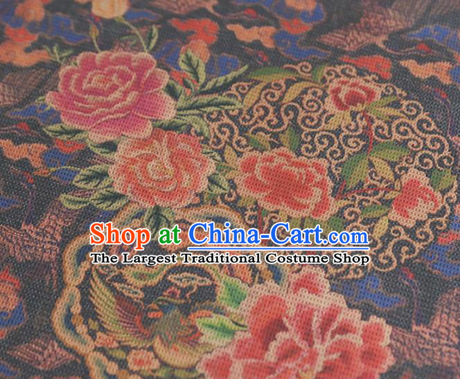 Chinese Classical Phoenix Peony Pattern Design Navy Gambiered Guangdong Gauze Fabric Asian Traditional Cheongsam Silk Material