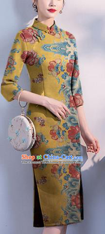 Chinese Classical Peony Pattern Design Yellow Mulberry Silk Fabric Asian Traditional Cheongsam Silk Material